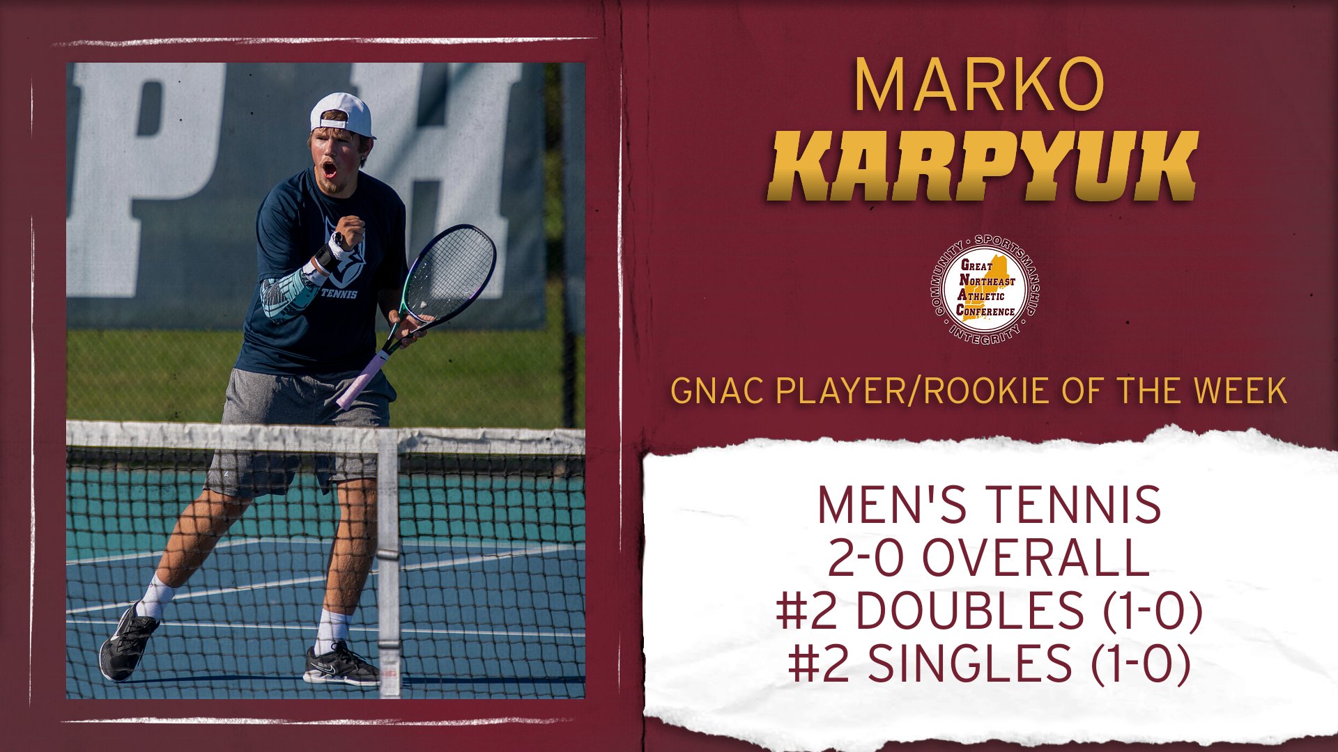 Karpyuk Tabbed GNAC Men's Tennis Player and Rookie of the Week